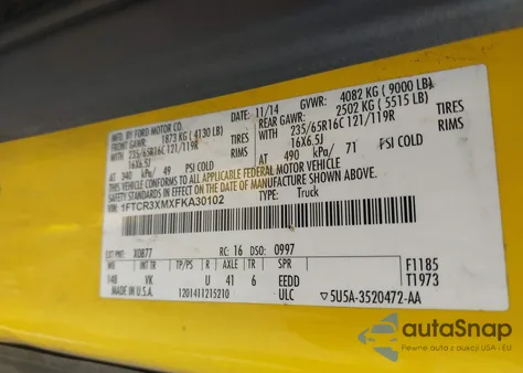 2015 Ford Transit-250 z USA, uszkodzony, nr VIN 1FTCR3XMXFKA30102